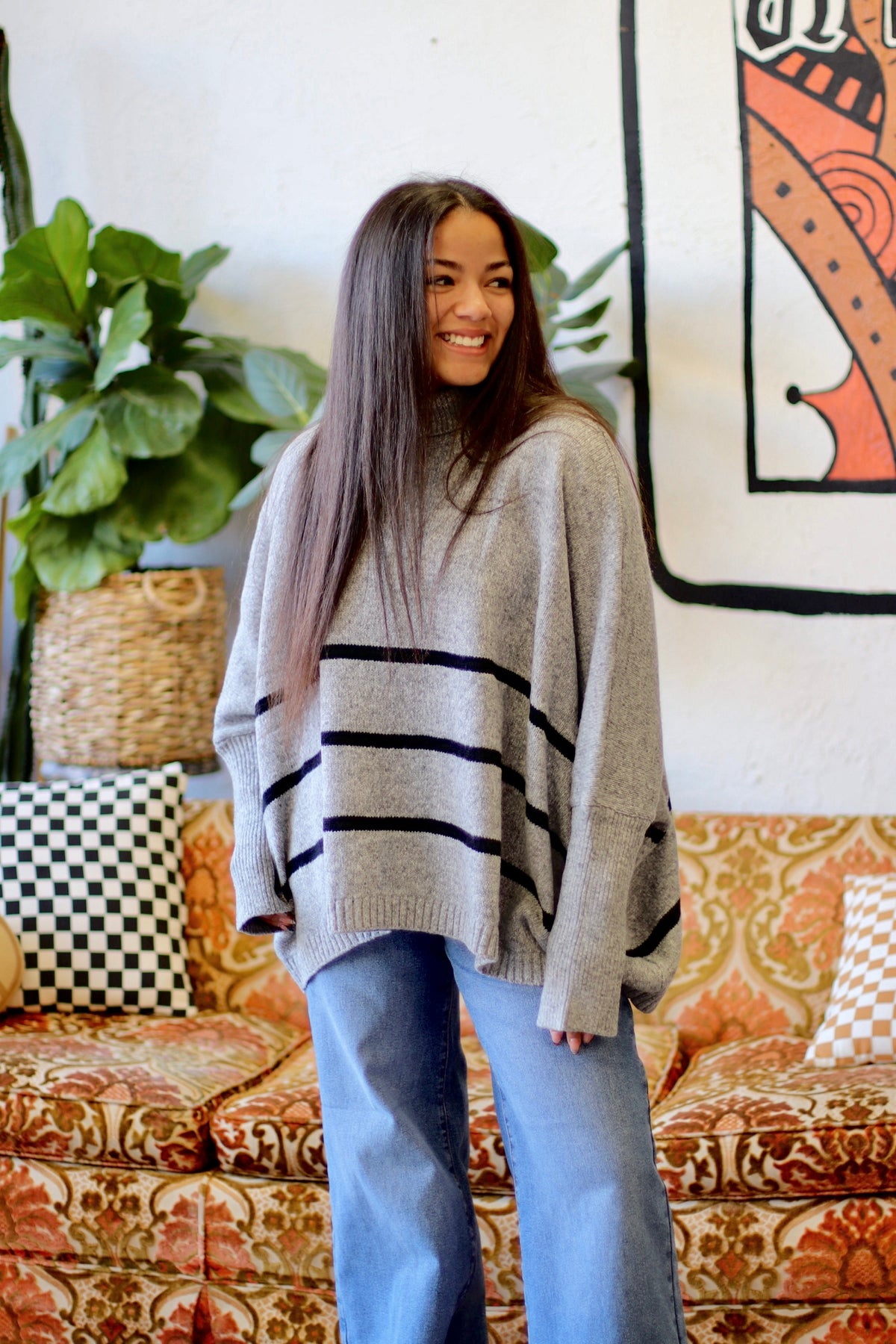Striped Turtle Neck Oversized Sweater + Grey