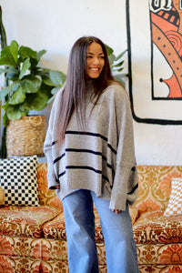 Striped Turtle Neck Oversized Sweater + Grey
