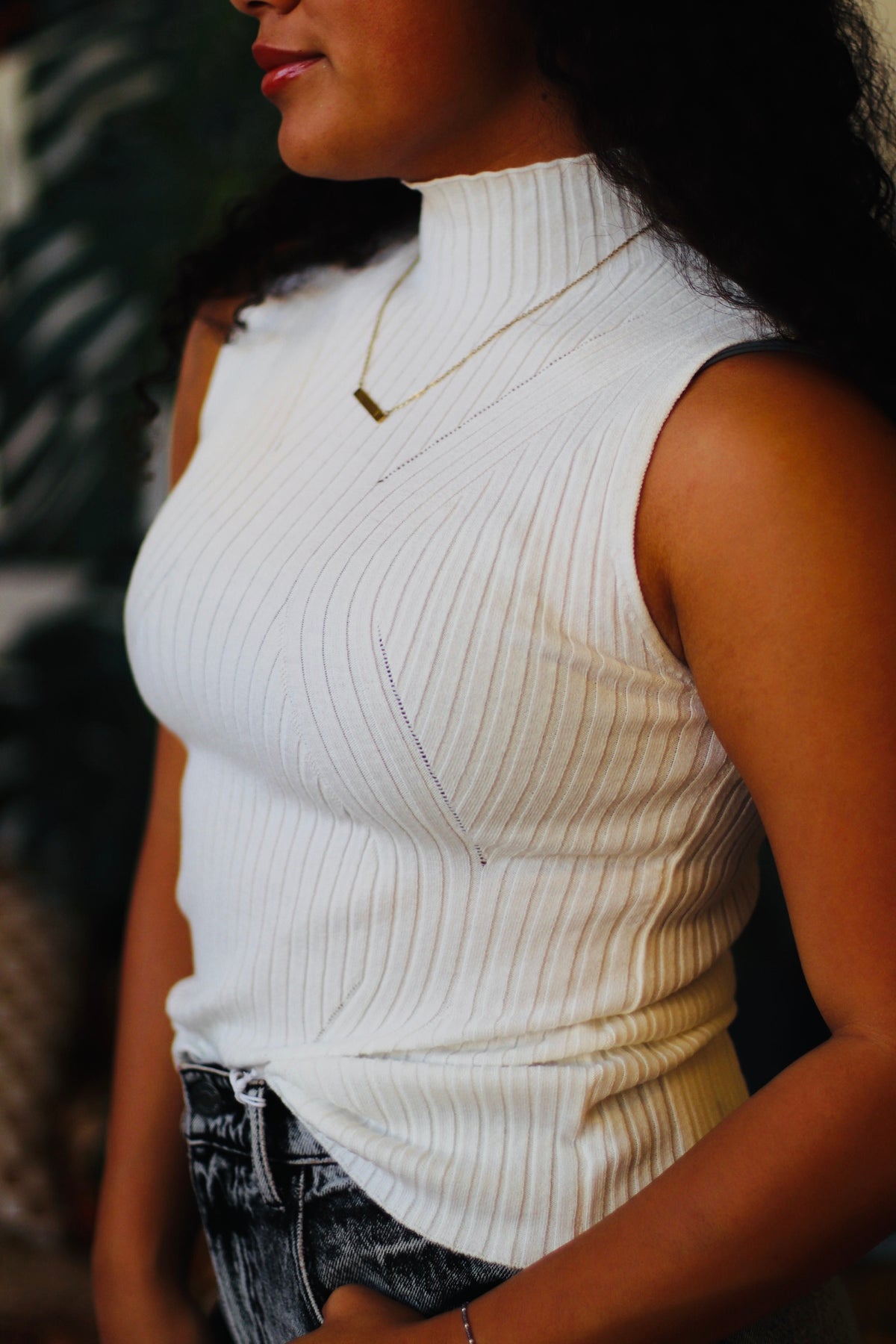 Sleeveless High Neck Ribbed Top + White