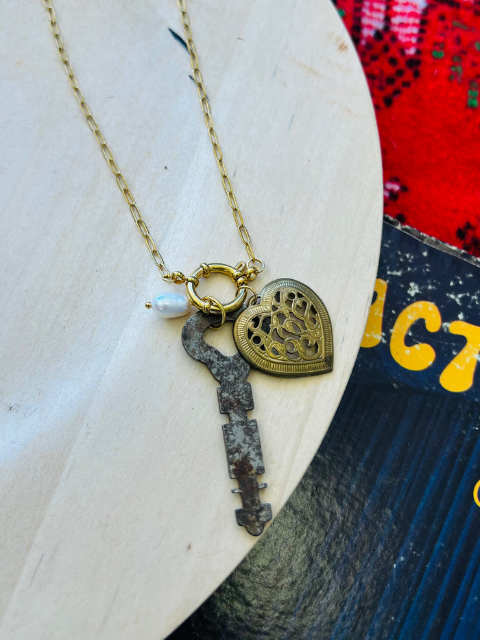 Brass Heart & Key Necklace