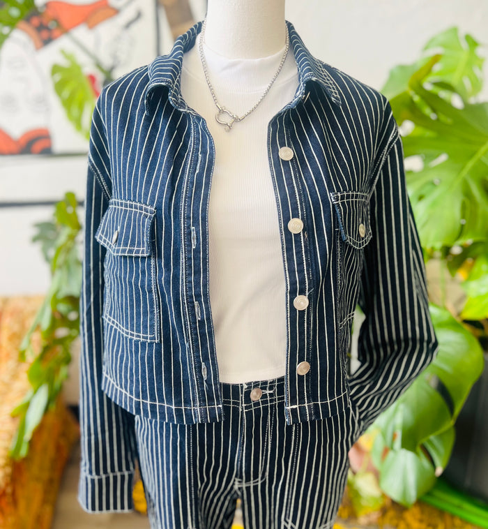 Navy Pinstripe Cropped Denim Jacketu