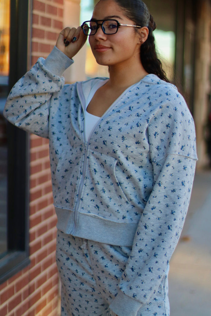 Grey Cozy Floral Zipper Jacket