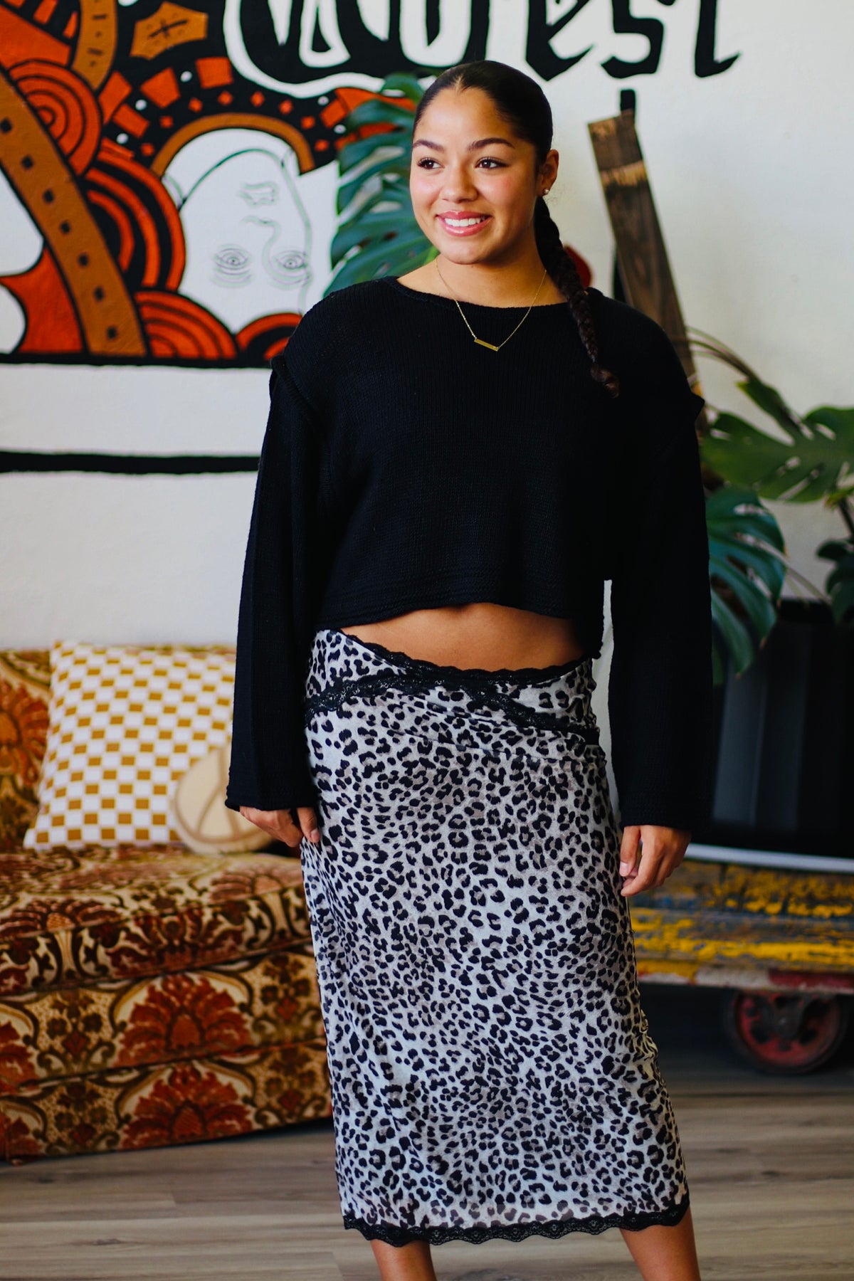 Cropped Knit Sweater in Black