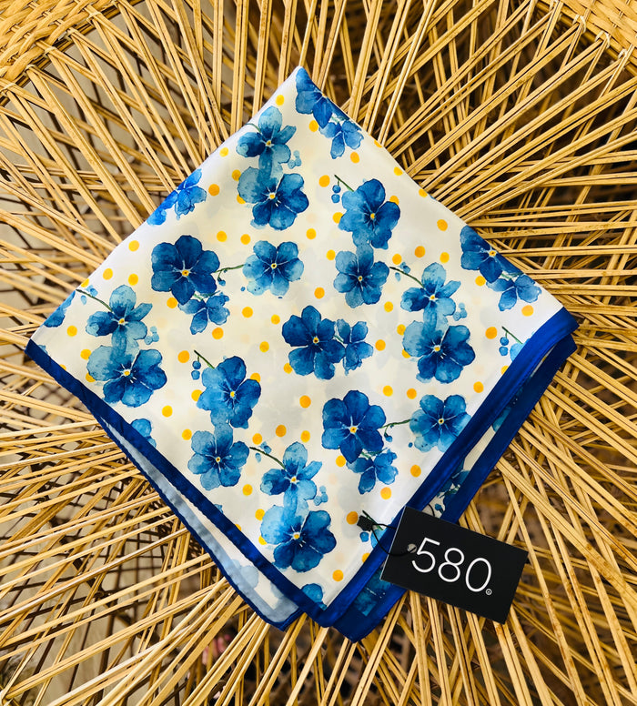 Blue Floral Silk Finish Bandana Scarf