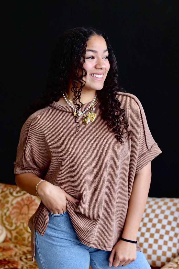 Ribbed Short Sleeve Top in Brown (Plus Sizes Available)