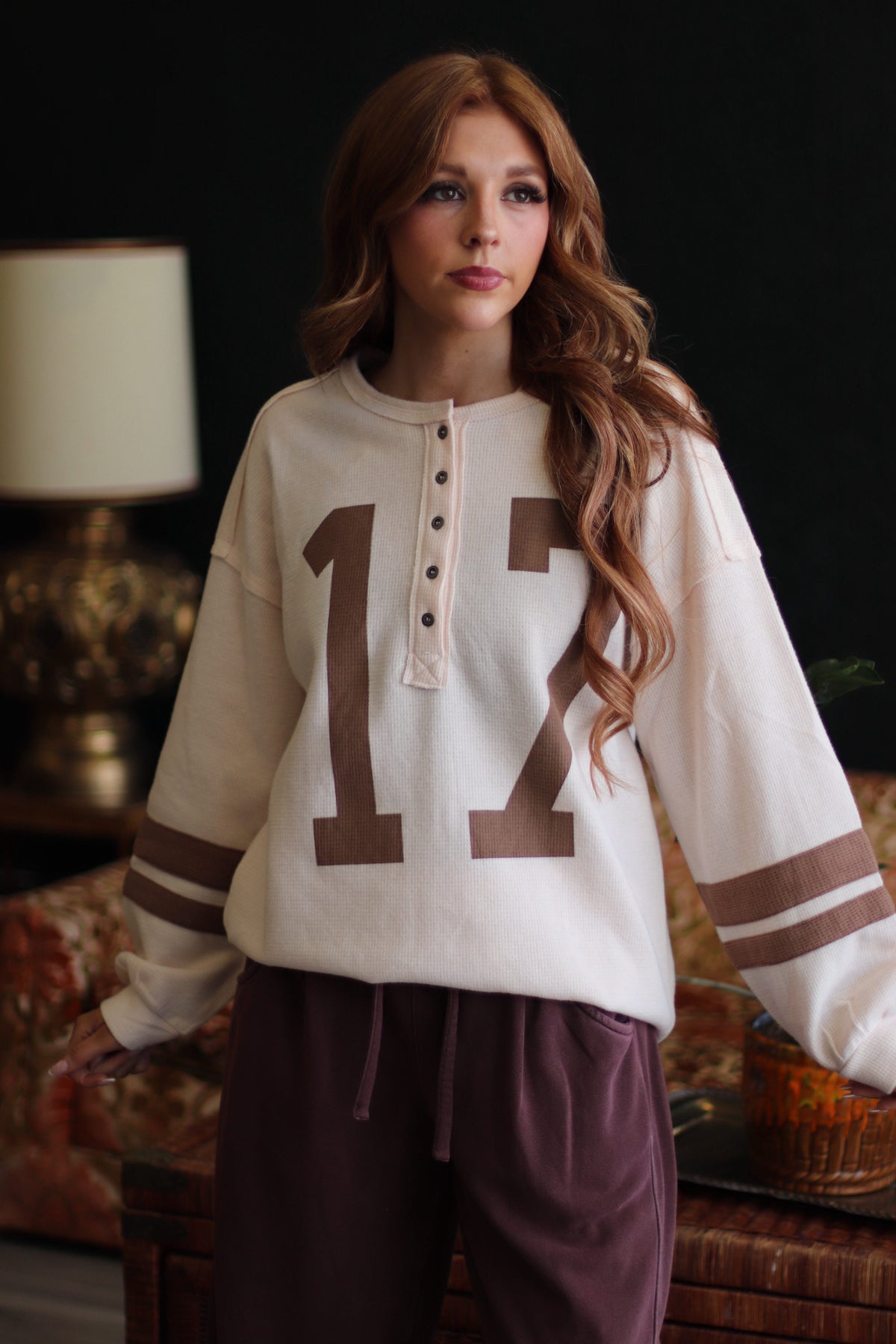 Game Day Cream & Brown 17 Henley Long Sleeve Top