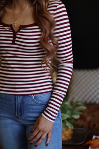 Red Striped Henley Long Sleeve Top