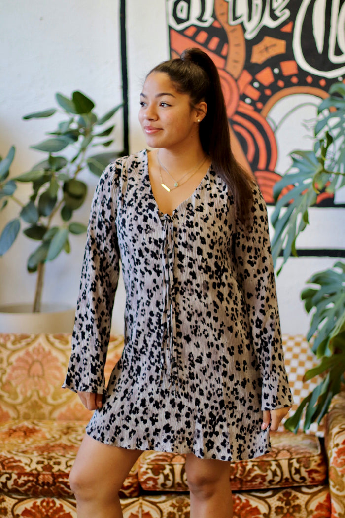 Grey Leopard Printed Pleated Mini Dress