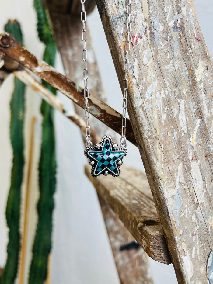 Checkered Star Necklace in Turq
