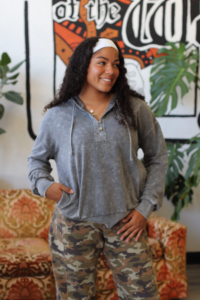 Winnie Washed Henley Top + Black