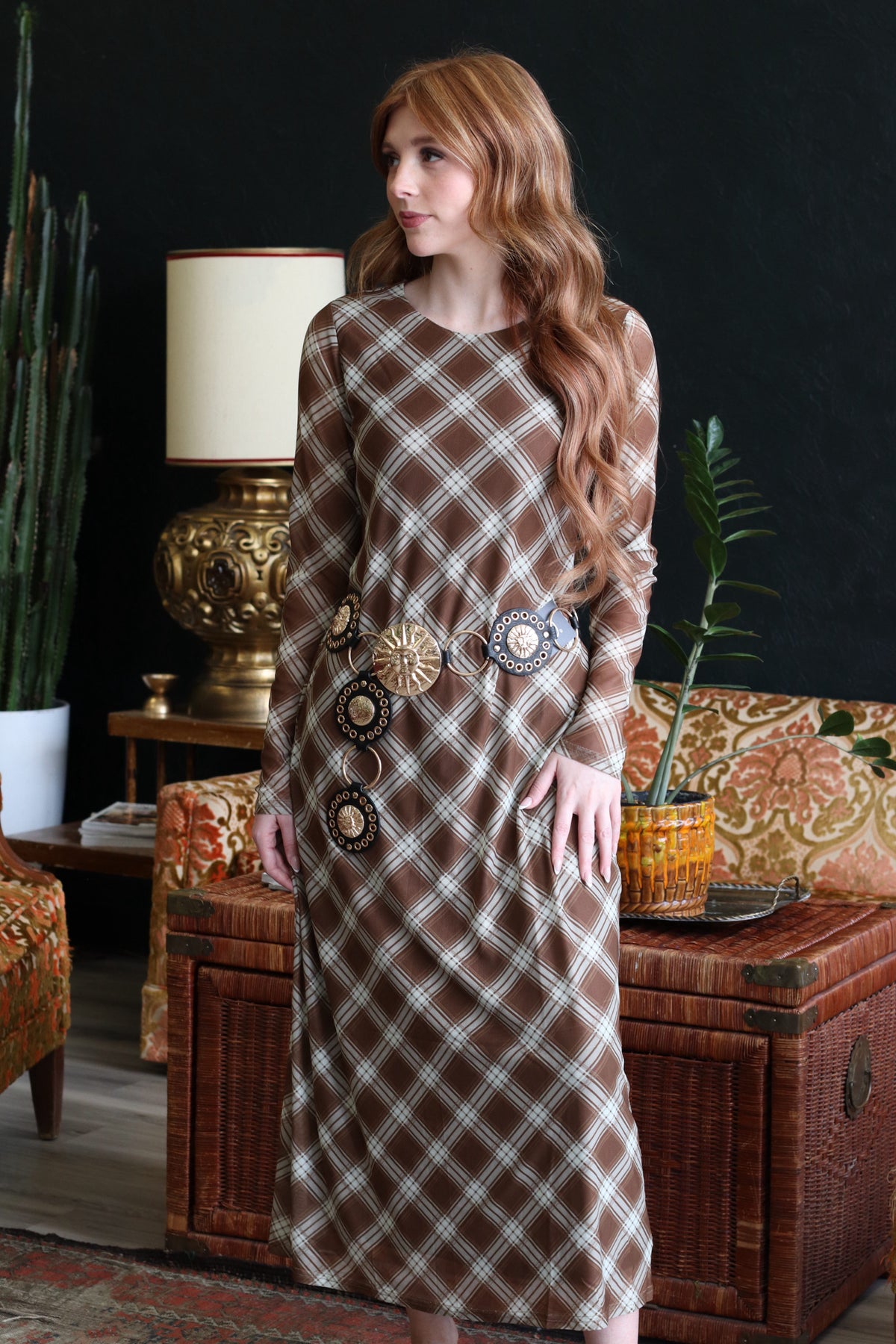 Trinity Mocha Plaid Long Sleeve Maxi Dress