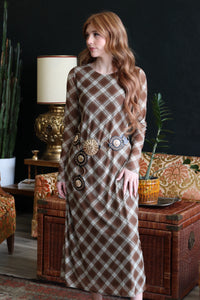 Trinity Mocha Plaid Long Sleeve Maxi Dress