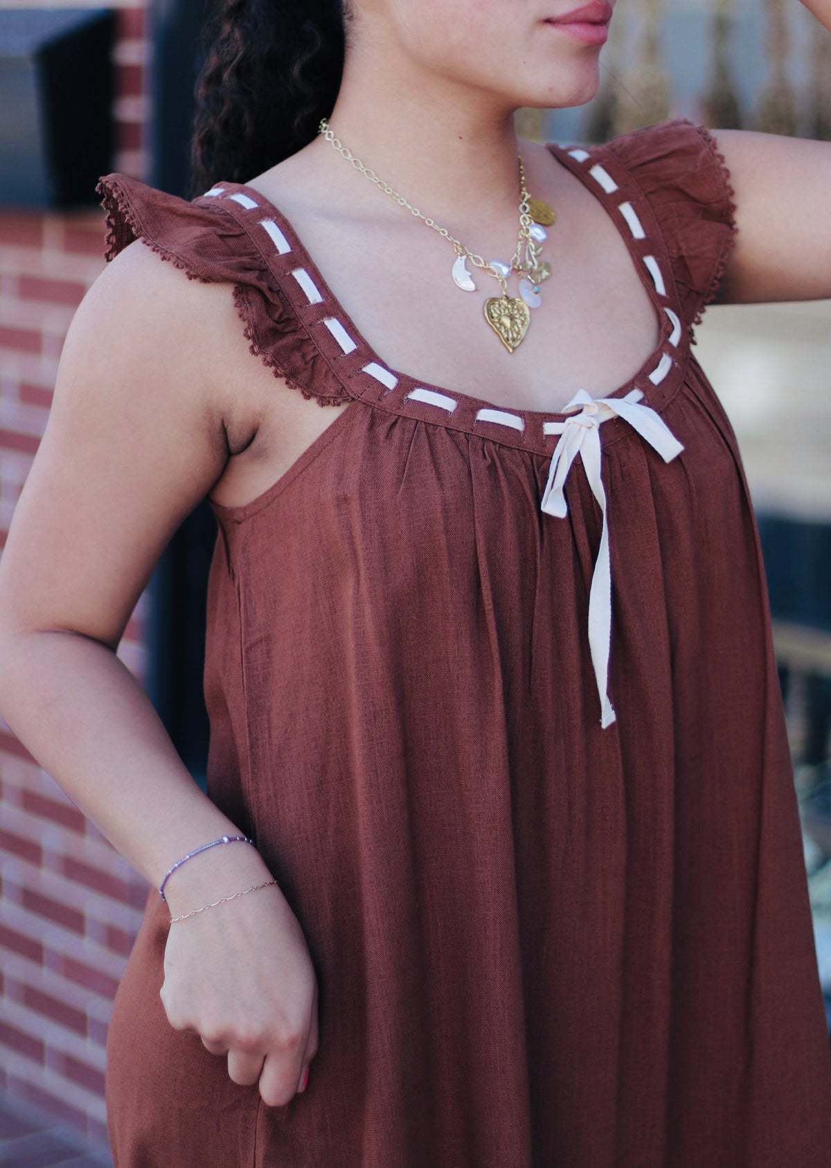 Front Tie Ruffle Sleeve Woven Mini Shift Dress Mocha