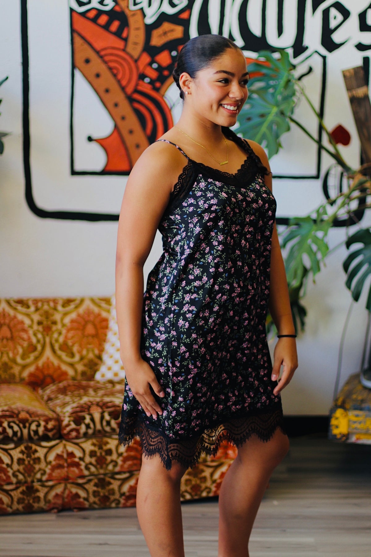 Black Floral Mini Slip Dress w/ Lace Detail