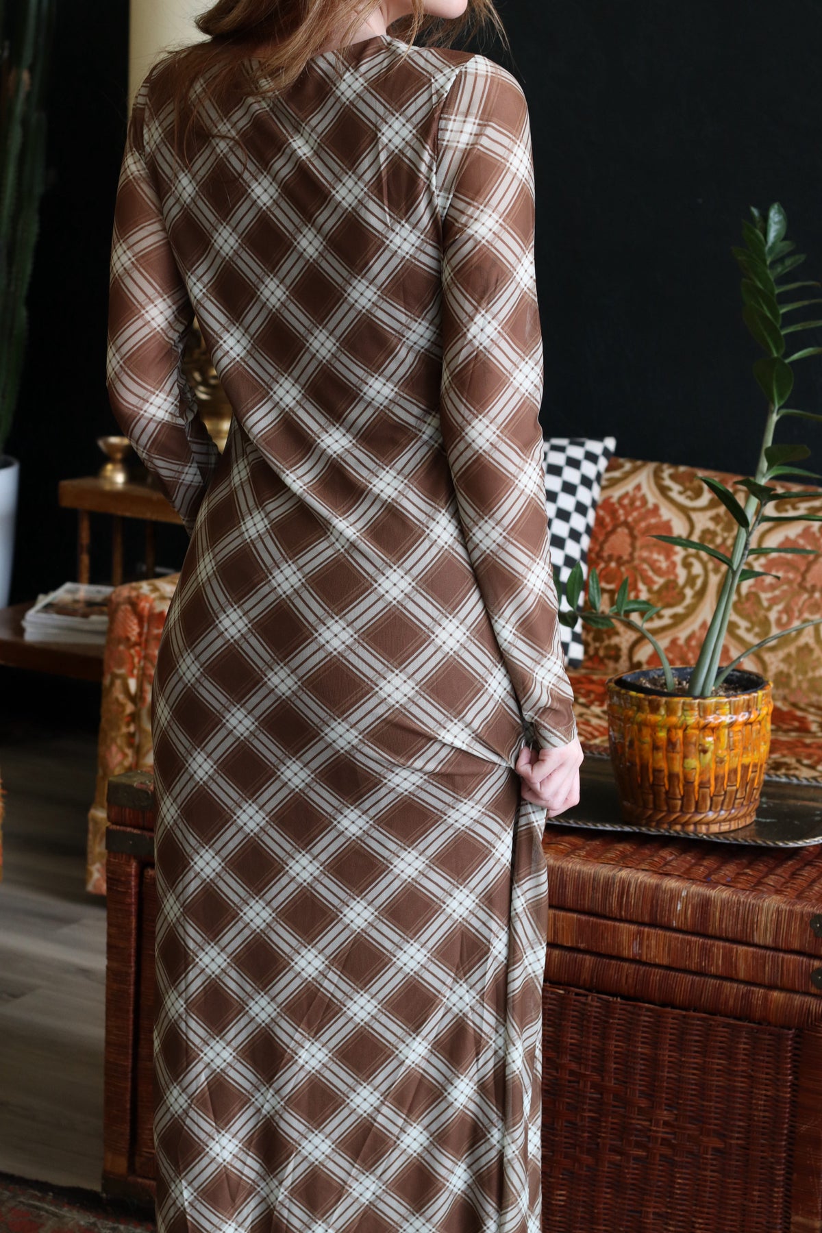 Trinity Mocha Plaid Long Sleeve Maxi Dress