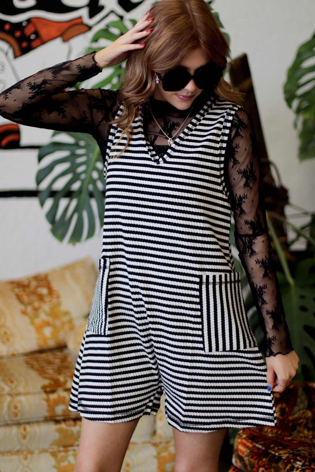 580 B&W Striped Casual Romper