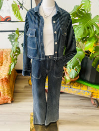 Navy Pinstripe Cropped Denim Jacketu