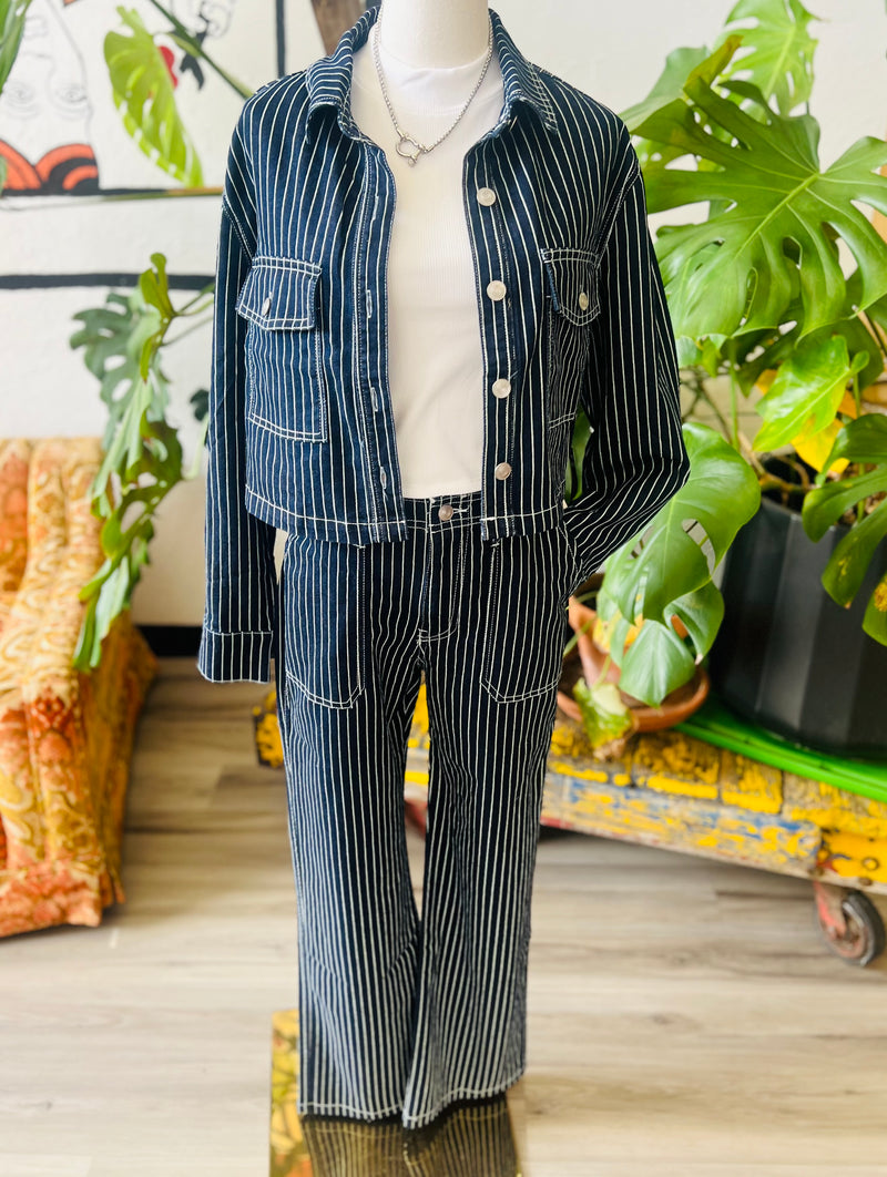 Navy Pinstripe Cropped Denim Jacketu