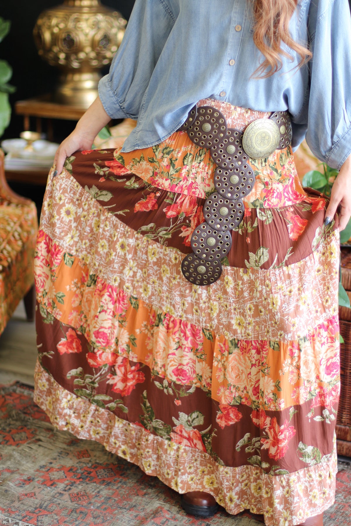 Floral Mood Tiered Maxi Skirt in Brown Mix