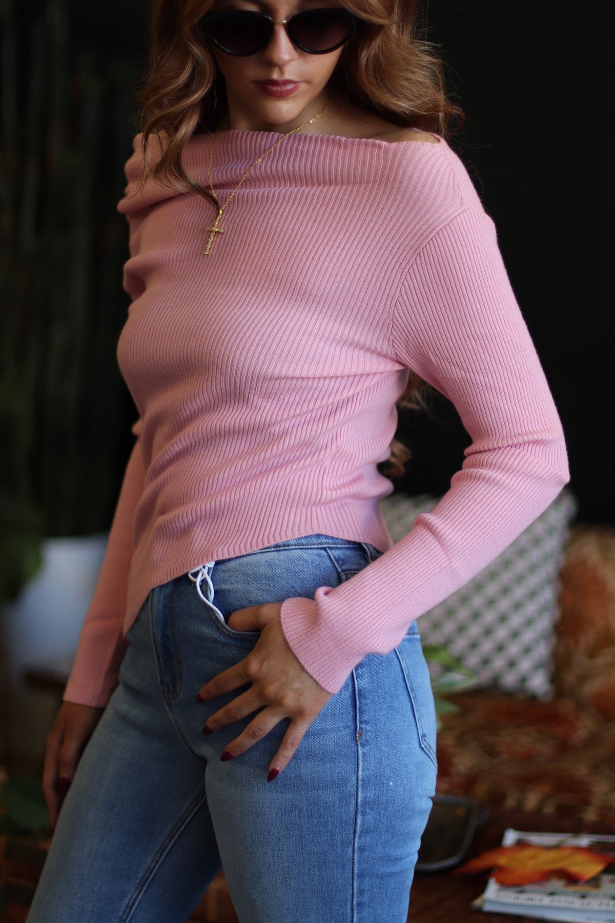 Sabrina Off The Shoulder Sweater + Pink