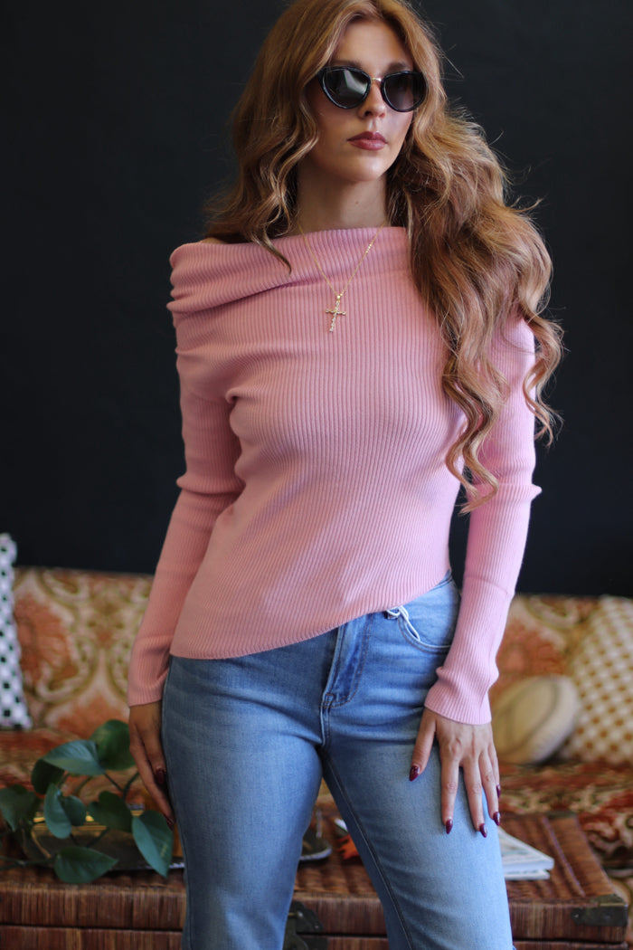 Sabrina Off The Shoulder Sweater + Pink