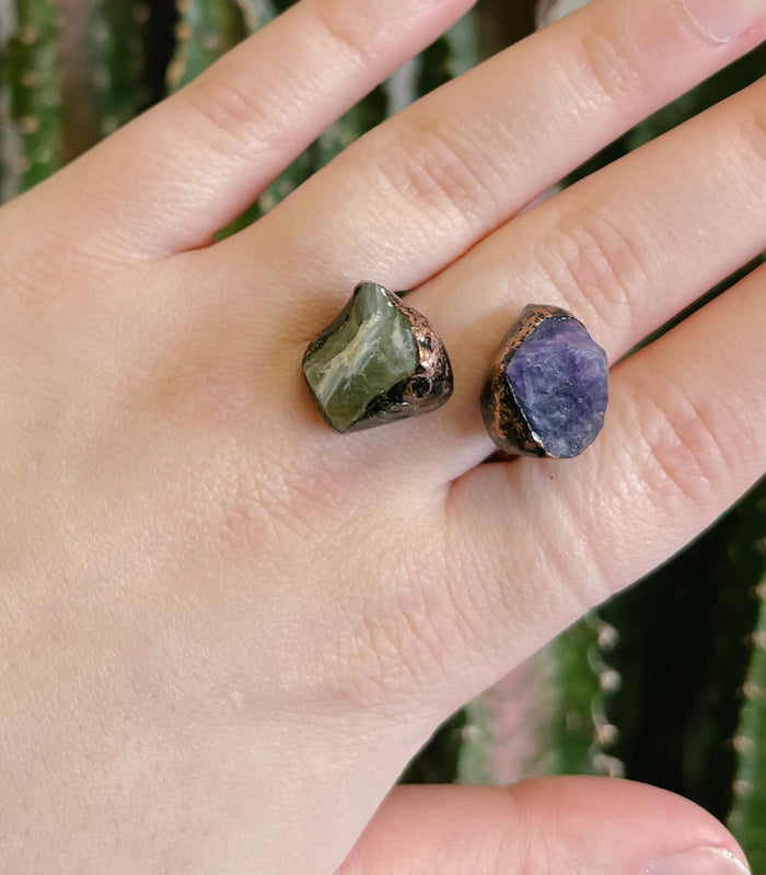 Natural Stone Fluorite Adjustable Ring: Purple Fluorite Green Fluorite