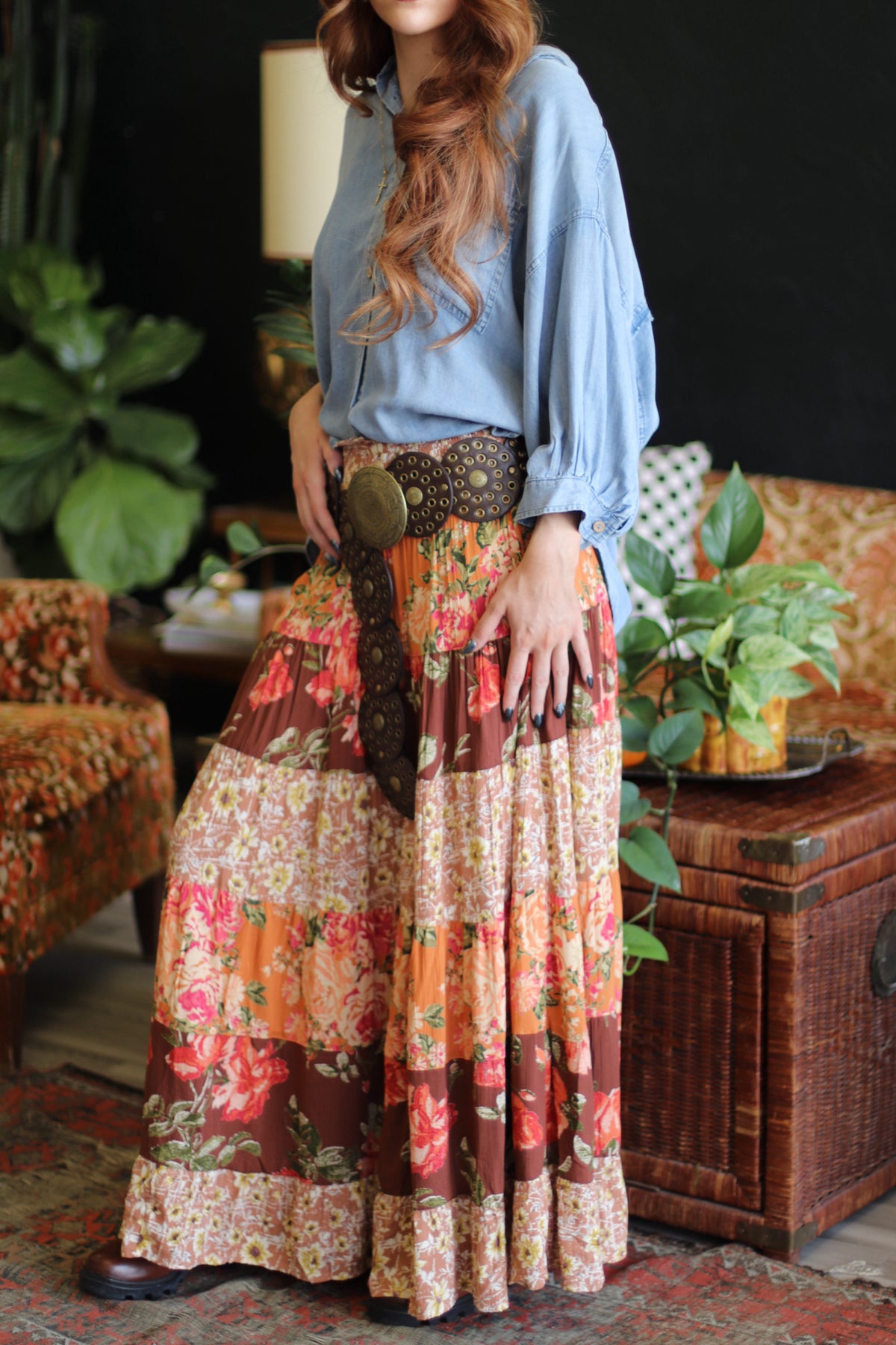 Floral Mood Tiered Maxi Skirt in Brown Mix