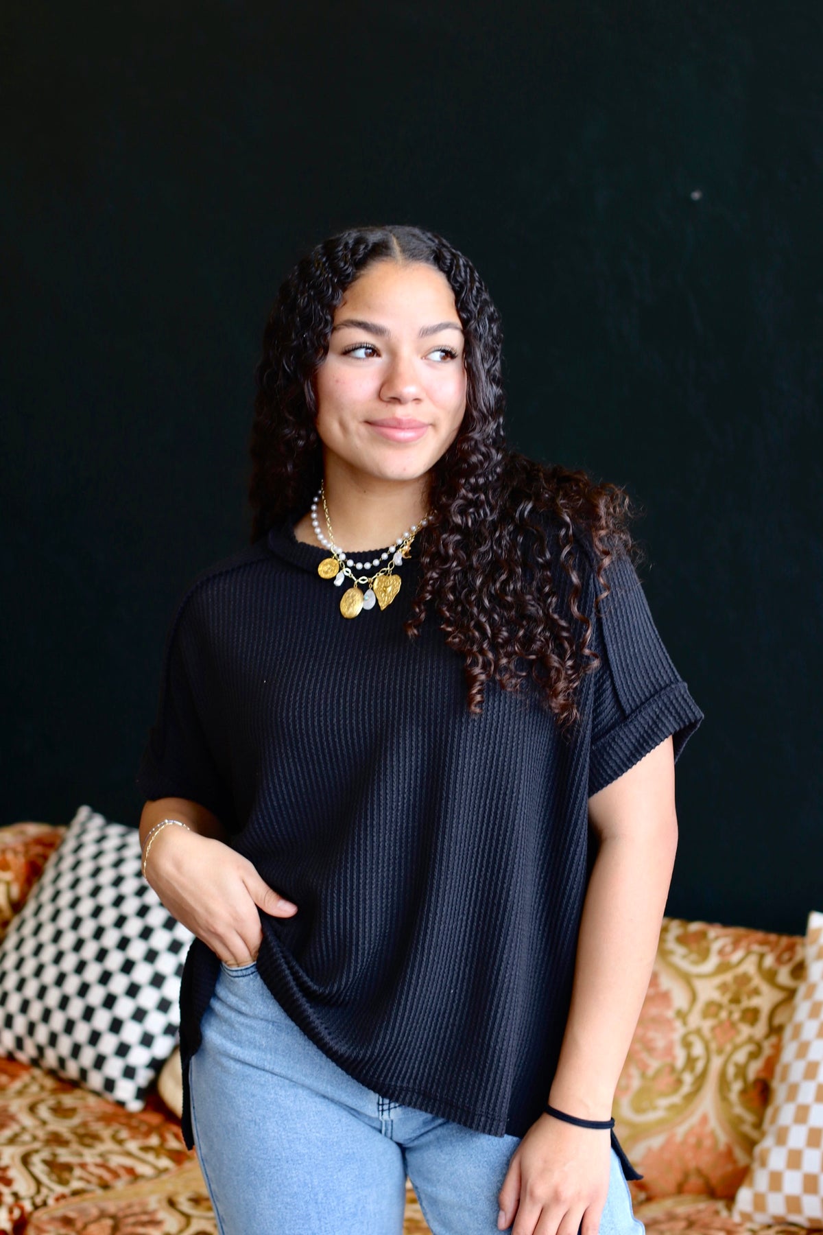 Ribbed Short Sleeve Top in Black (Plus Sizes Available)