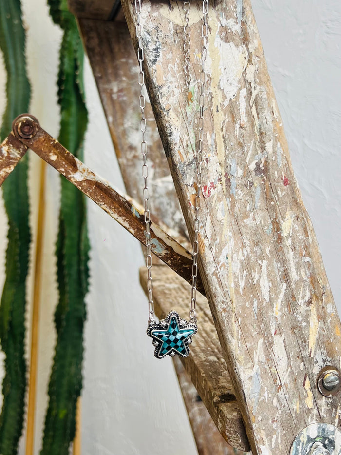 Checkered Star Necklace in Turq