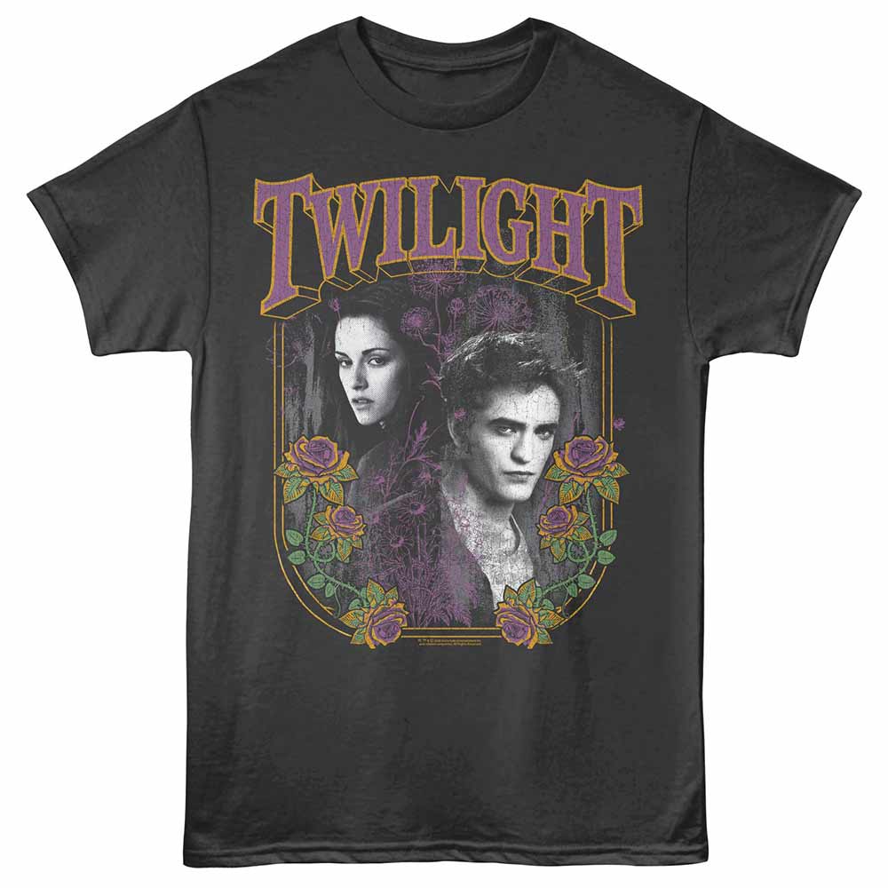 A dark grey t-shirt featuring Bella and Edward from Twilight, adorned with purple font and accented in purple, gold, and green.
