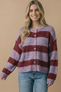 Burgundy Striped Fuzzy Button Down Cardigan