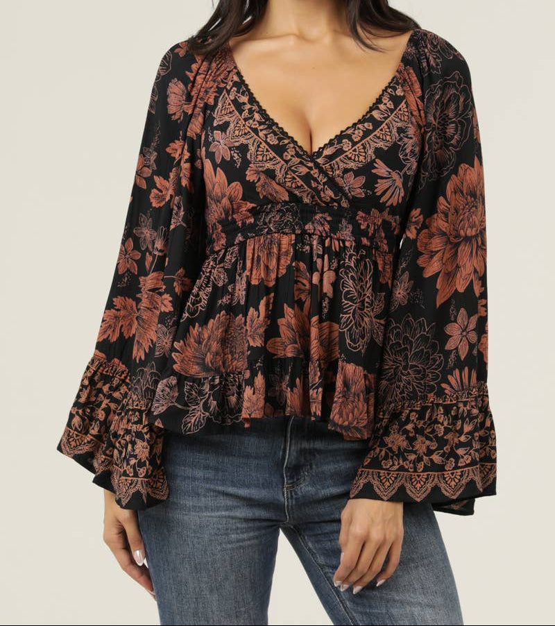 Hannah Black Floral Flowy Bell Sleeve Top