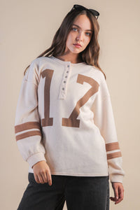 Game Day Cream & Brown 17 Henley Long Sleeve Top